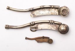 Two silver plated bosun's whistle,