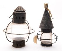 A 19th century ship's cabin lantern, of spherical form with lacquered tin frame,