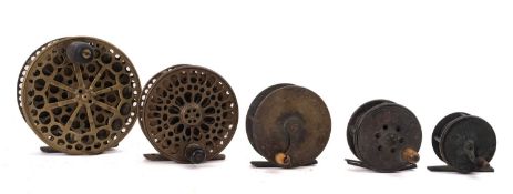 A group of five various brass fly reels, all unsigned.