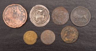A small group of coins, including James II gunmoney shilling, and coin of Parthia, etc.