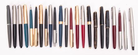 Parker Flighter fountain pen and pencil set, in steel, boxed; Parker 17 fountain pen, in black,