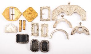 Two Georgian steel shoe buckles in case, together with a group of various waist belt,