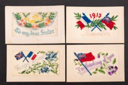 Four WWI silk embroidered postcards,