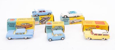 Corgi. A boxed group of five, No. 229 Chevrolet Corvair, No. 215 Ford Thunderbird-Open Sports, No.