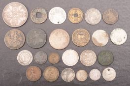 A group of mainly silver and copper coins, including 1689 (February) gun money shilling,