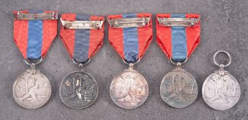 A group of five Imperial Service Medals, GRV to ERII, three in cases of issue.