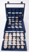 Blue box containing crown sized coins, including £5 coins pre 1947, etc.