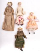 Four early 20th century bisque and cloth body dolls' house dolls,
