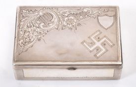 A WWII German army white metal tobacco tin, of rectangular form, the hinge lid,
