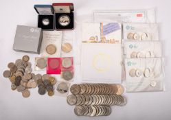 A bag of mixed coins, including 1994 silver £1 coin, 2013 Royal birth silver proof crown, £5 coins,