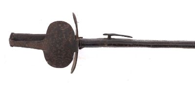 A late 18th/early 19th century mortuary style sword, the blade seized into black leather scabbard,