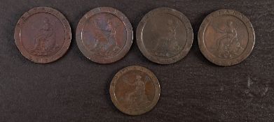 Four George III, 1797, cartwheel two pence, and one cartwheel penny.