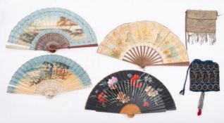 Two early 20th century bead work evening purses, together with four various paper fans.