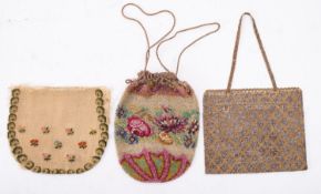 Bead bag: A cut steel and gold thread bag of rectangular form with fold over lid and strap handle,