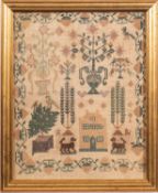 An early 19th century house and garden sampler, framed and glazed, 29x23.