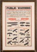 A WWI public warning airship and aeroplane recognition poster, circa 1915,