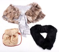 A mid 20th century fur and pale blue stole, with a Reindeer skin purse, black fur collar,