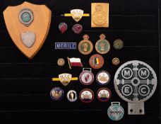 A Midlands Motoring Enthusiasts' Club, enamel car badge, together with a lapel badge and trophy ,