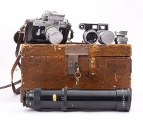 A Leitz M3 Rangefinder 35mm camera, serial number '985-559' , nickel plated finish on a black body,