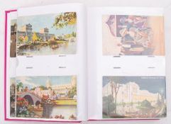 A postcard album of early 20th century topographical, exhibition, WW II aircraft, film stars,
