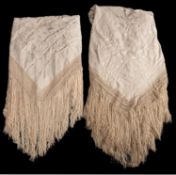 Two Victorian cream embroidered silk shawls with tassel fringes
