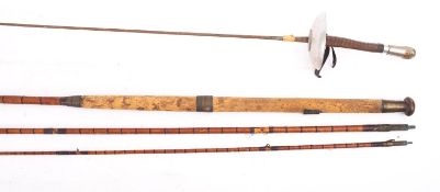 A Hardy Bro's Ltd three piece split cane Salmon fly fishing rod, number 94443A, a fencing foil épée,