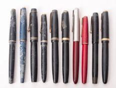 A collection of ten Parker fountain pens, including two Duofolds,