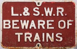 A L&SWR 'Beware of Trains' cast iron sign,