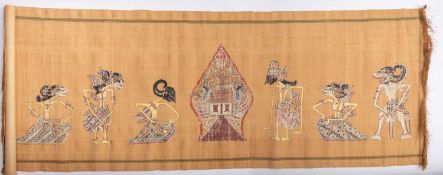 A hand painted Javanese Wyang Kulit (puppet) scene on linen, 48.5 x 128cm.
