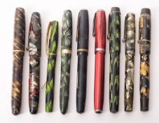 Nine various fountain pens including black and grey marbled 'Parkette',