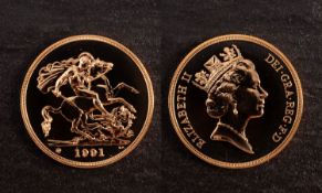 An Elizabeth II, 1991, gold £5 proof coin.