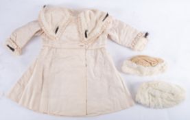 An Ermin trimmed corded silk coat, 2 fur trimmed hats & a silk lined cotton voile dress.