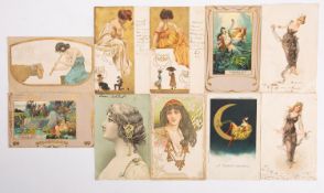Postcards. Art Nouveau artist cards: 3 Raphael Kirchner, 2 Raphael Tuck & Co.
