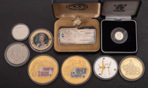 A boxed Johnson Matthey Fine Silver 100 grammes bar with other crown sized coins, etc.