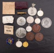 Three white metal medallions, including 1846 Free trade, three copper 1887 Jubilee medallions,