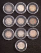 Victorian sixpences, 1884,1885,1886,1888,1889, with better grade 1881 with four 1887.