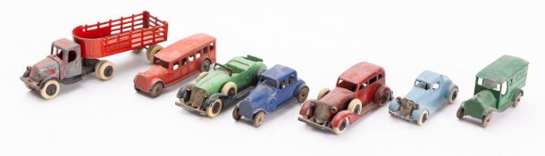 Tootsietoy, 7 unboxed vehicles: Express delivery lorry, open tourer, four door saloon,