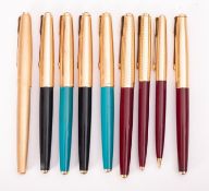 Parker 65: fountain pen, ballpoint and pencil set, maroon with gold filled caps,