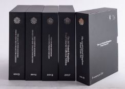 Boxed Royal Mint sets, 2013, 2014, 2015, 2017,2018.