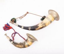 Two ceremonial horns for the Ancient Order of Foresters, cow horns with nickel mounts,