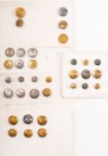A group of various livery buttons, including sample pairs with crests for Adams, Thorburn,