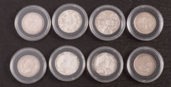 Two George III, 1787, shillings, with 1816 and 1826.