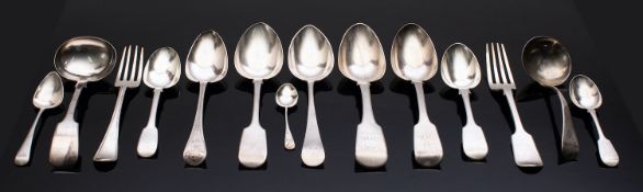 A mixed group of silver flatware; mostly 19th century, various patterns, dates and makers,