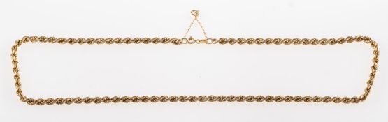 A 9ct gold rope twist chain, with safety chain, UK import mark, length approx. 49.0cm, 12.6grams.