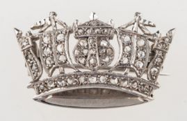 A 9ct white gold Naval crown brooch, milgrain set with rose-cut diamonds, UK hallmark,