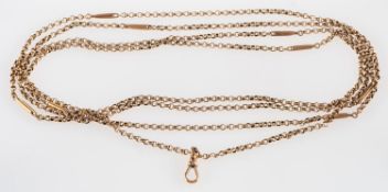 A long antique chain, of belcher links and bar links, swivel clasp, marked 9c, length approx. 184.