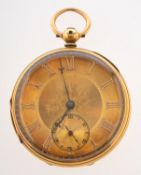 An 18k gold open-faced pocket watch the gold dial having raised Roman numerals,