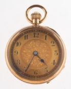 An 18ct gold open-faced pocket watch with floral and foliate engraved dial and engine turned