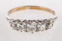 An antique five stone diamond ring, set with five old cushion-cut diamonds, diamonds approx. 0.