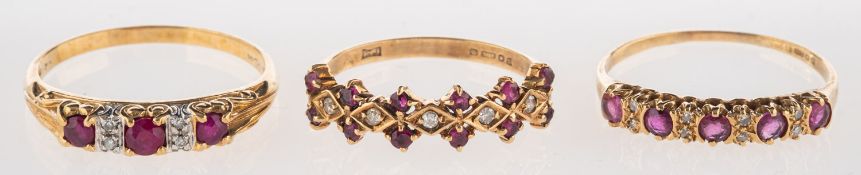 A group of three ruby & diamond rings,